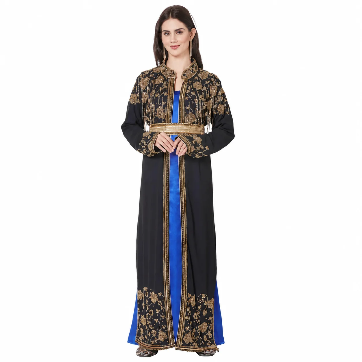 Black and Blue Embroidered Cardigan Gown with Gold Beadwork - Image 3