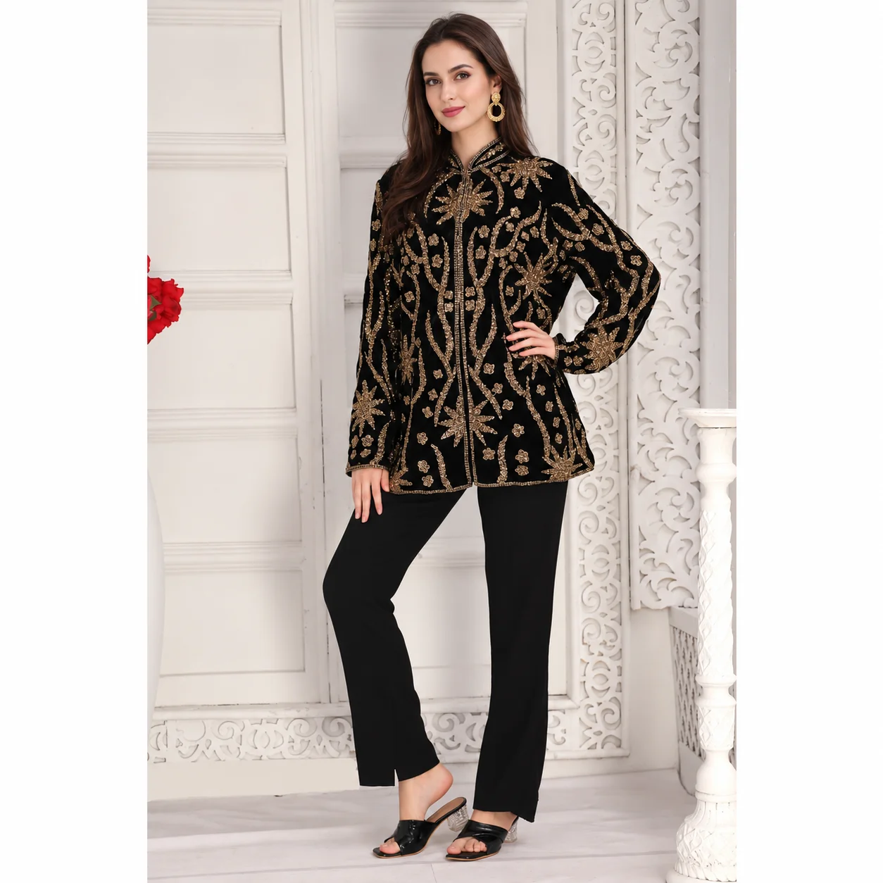 Black Velvet Jacket Top with Golden Cut Dana Embroidery - Image 3