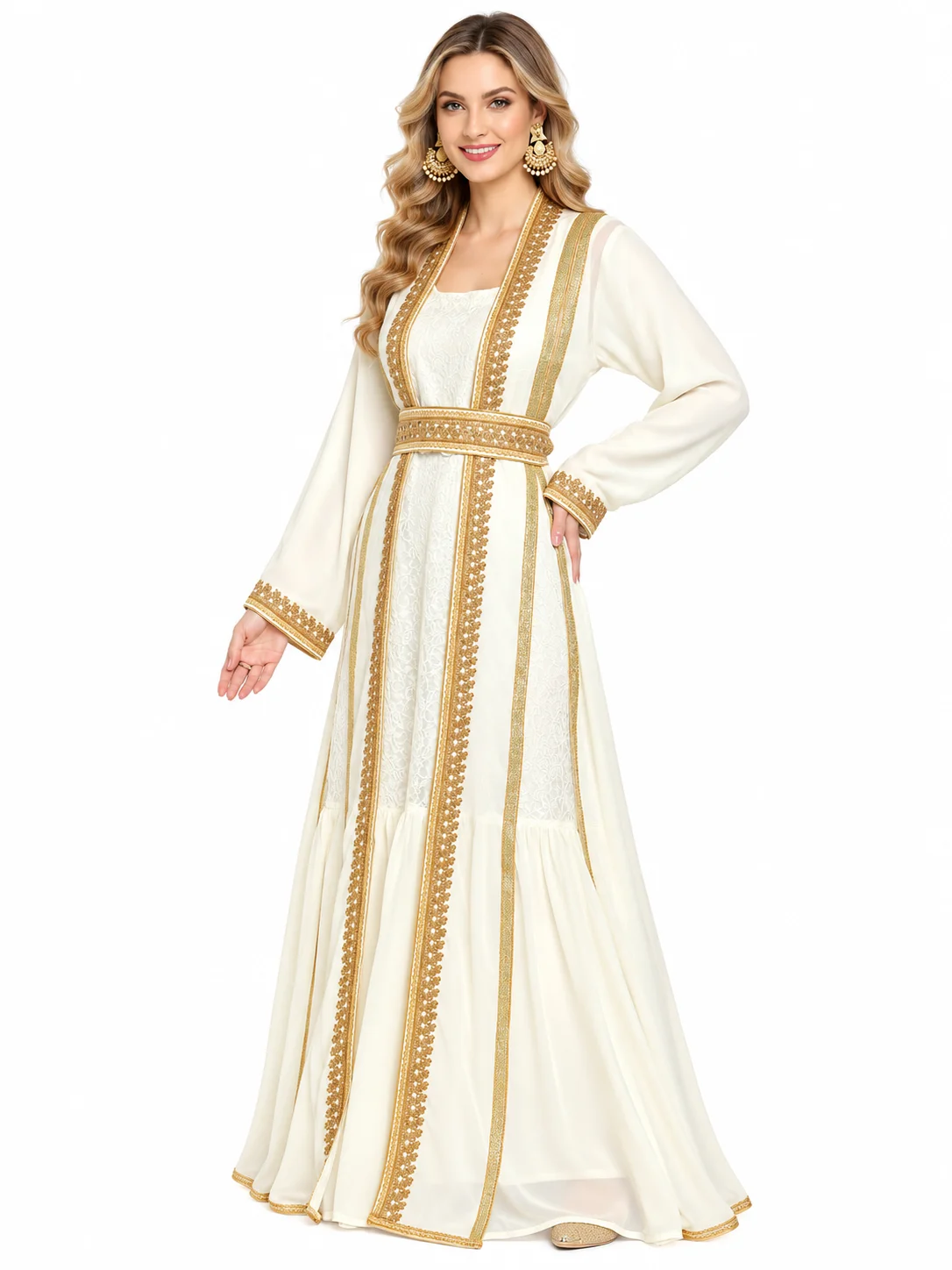 Cream Embroidered Maxi Dress with Golden Crystal Lace - Image 4