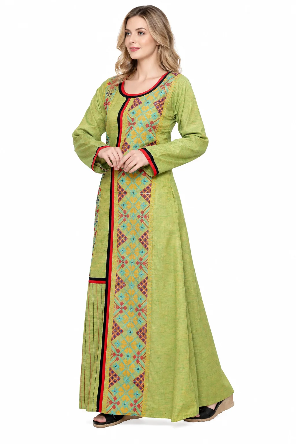 Light Green Cotton Maxi Dress with Cross-Stitch Embroidery - Image 4