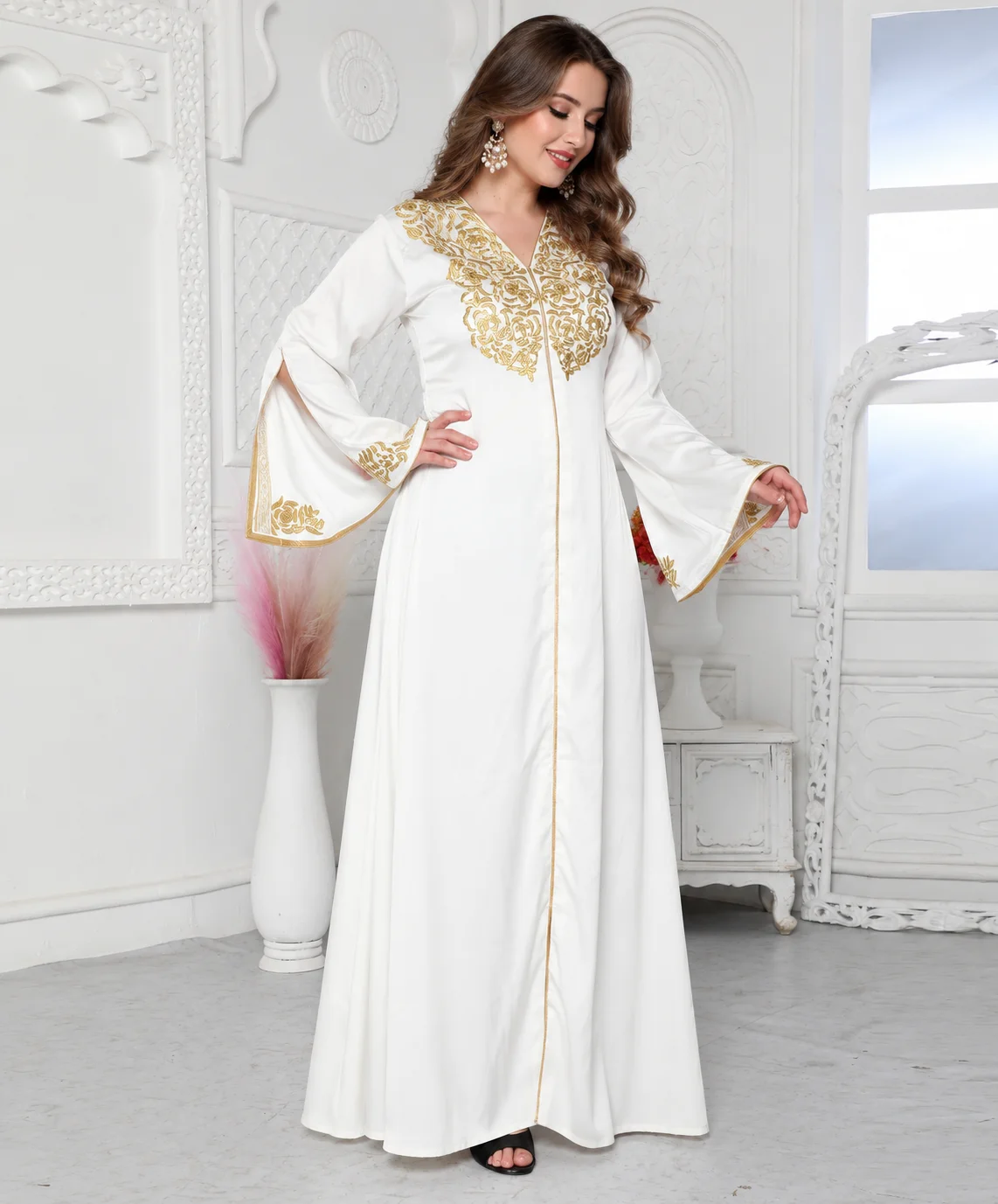 Royal White Kaftan Dress with Gold Threadwork Embroidery