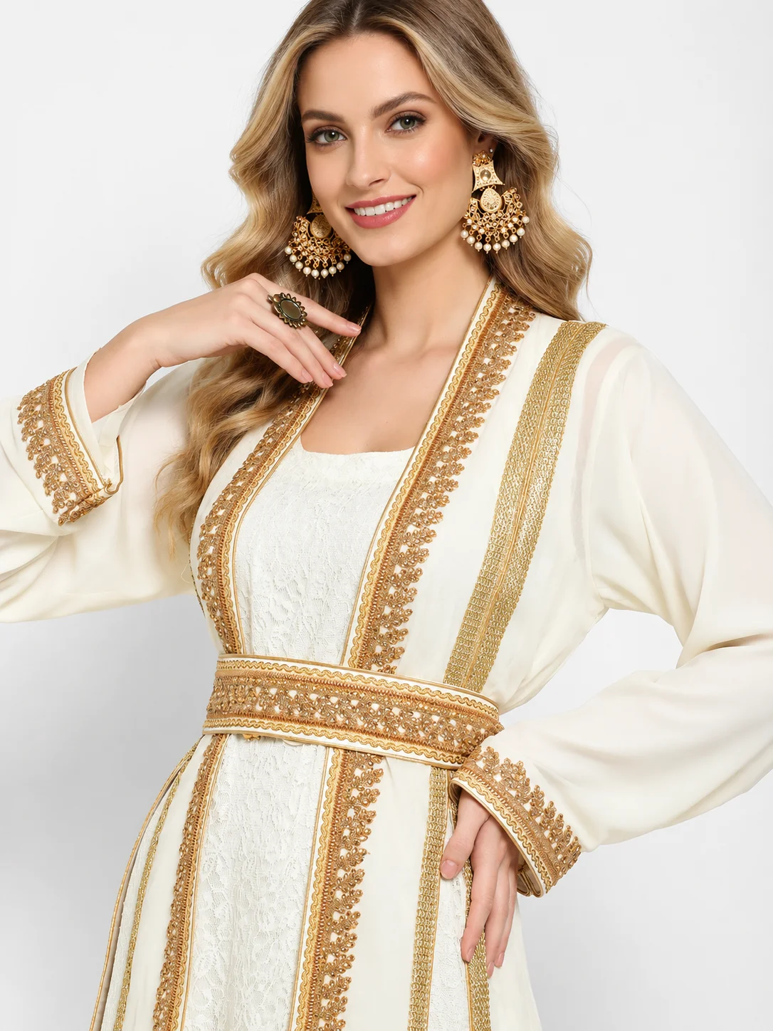 Cream Embroidered Maxi Dress with Golden Crystal Lace - Image 5