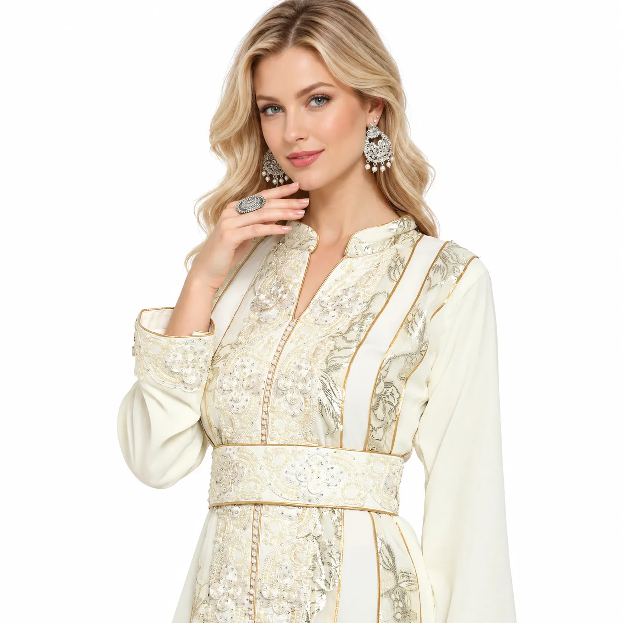 Cream Hand-Embroidered Wedding Ball Gown with Crystal Beads - Image 2