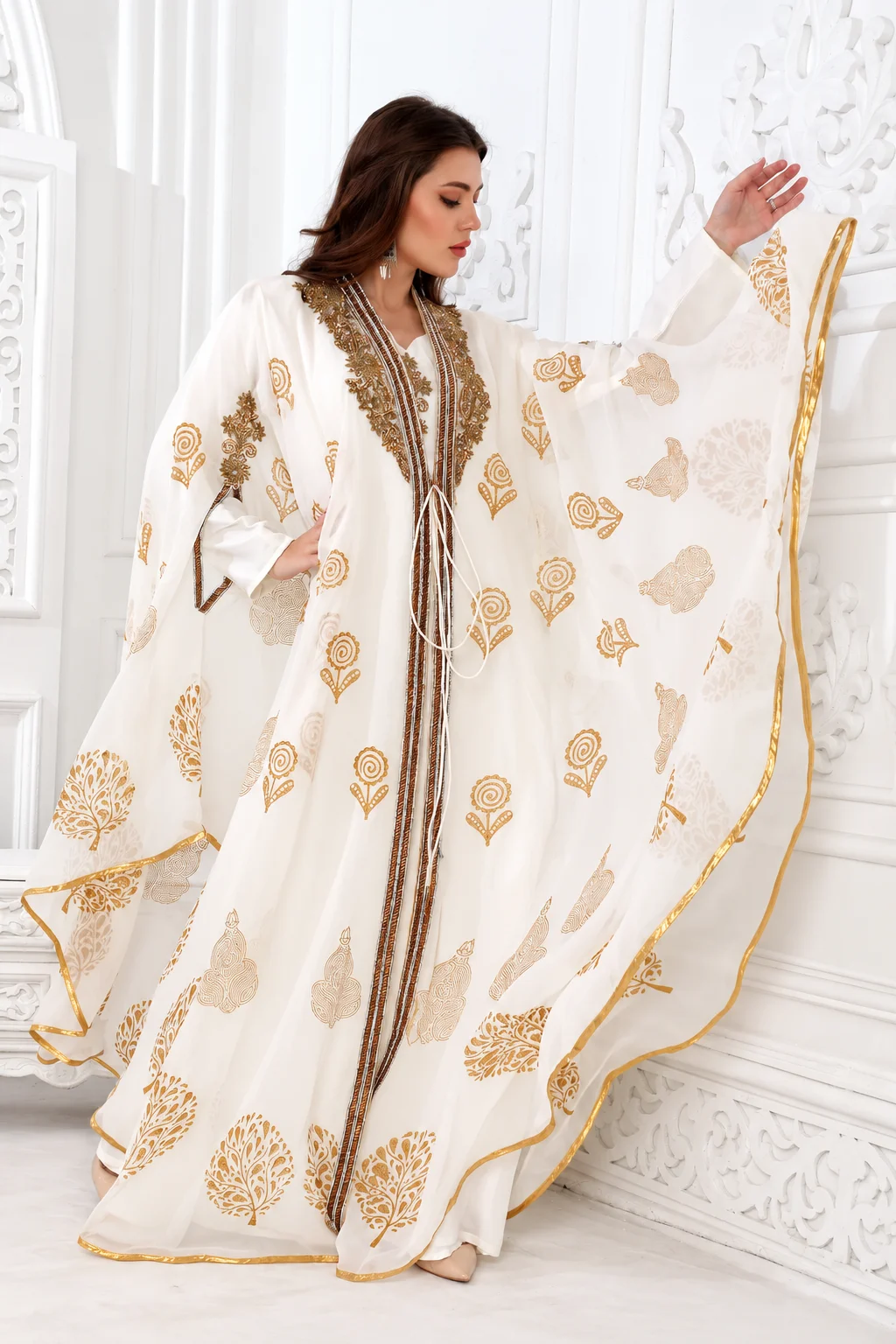 White Flowy Arabic Kaftan Dress with Gold Embroidery - Image 3
