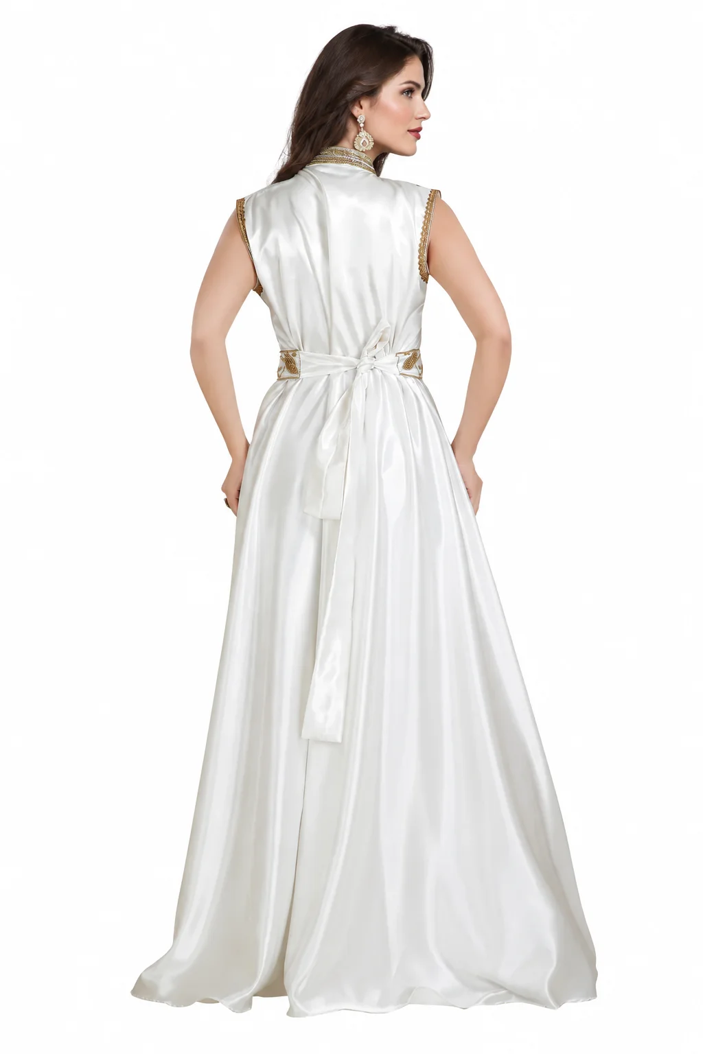 Cream Satin Kaftan Dress with Gold and Silver Beadwork - Image 3