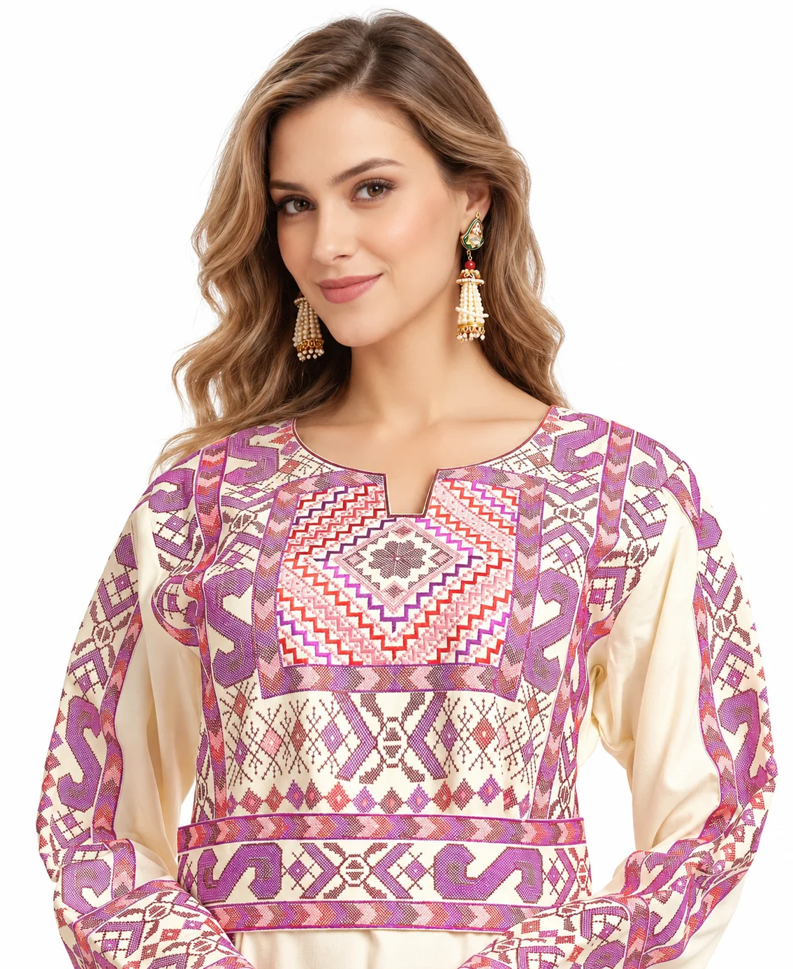 Cream Rayon Cross-Stitch Kaftan Dress with Matching Belt - Image 5