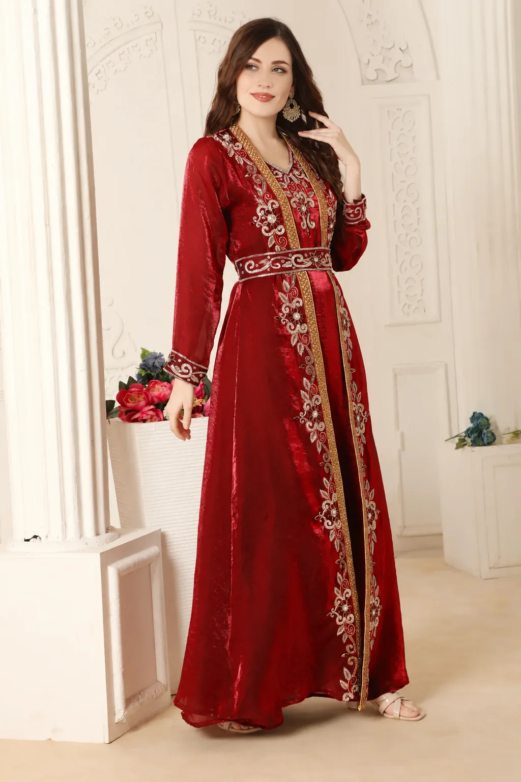 Maroon and Gold Zari Embroidered Front-Open Wedding Gown - Image 7