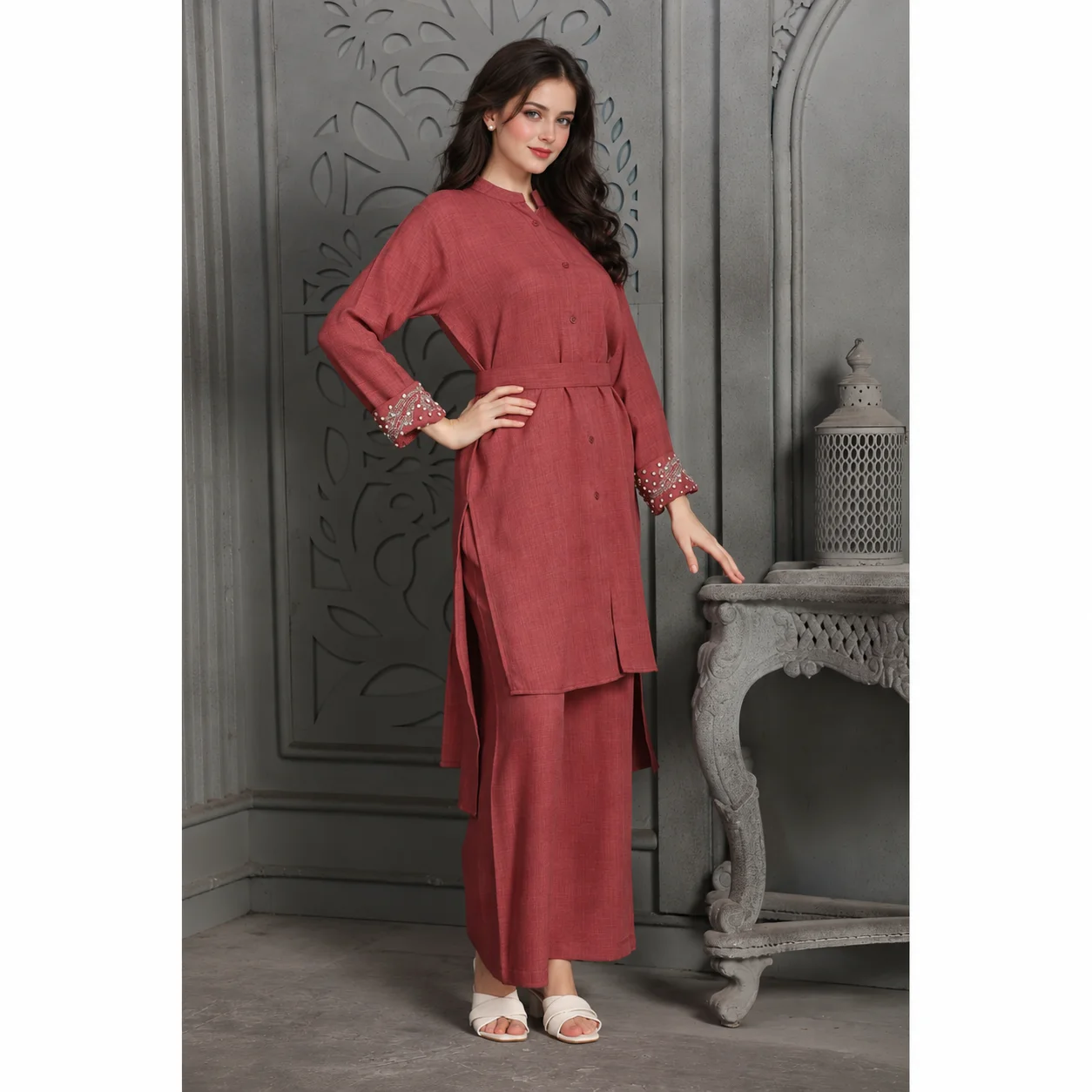 Magenta Pink Embroidered Modest Co-Ord Set