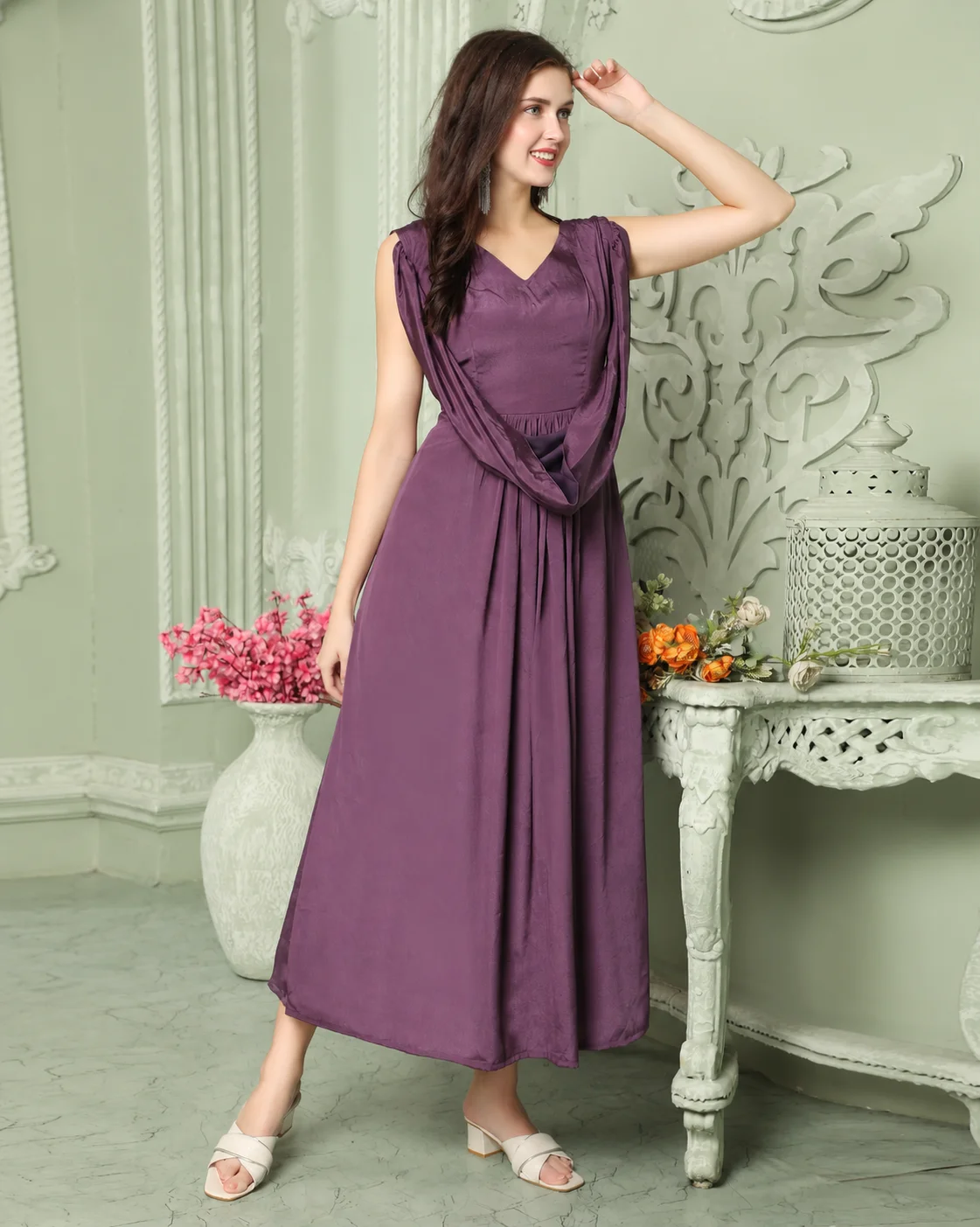 Purple Crepe Silk Party Dress with Attached Waist Belt - Image 3