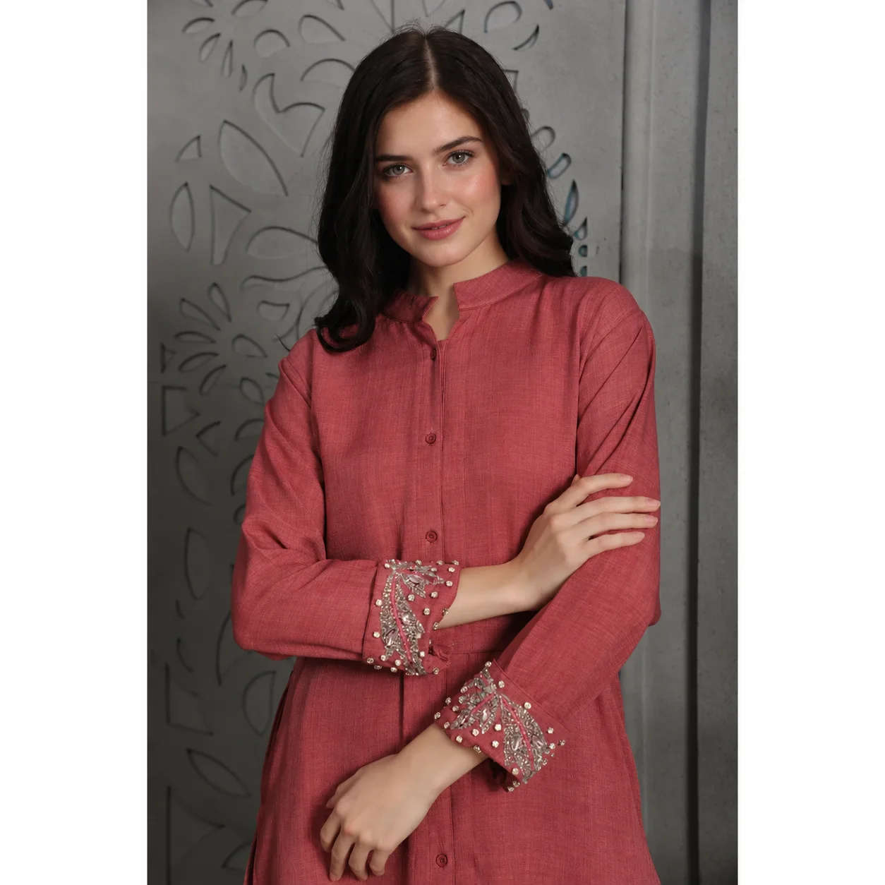 Magenta Pink Embroidered Modest Co-Ord Set - Image 2