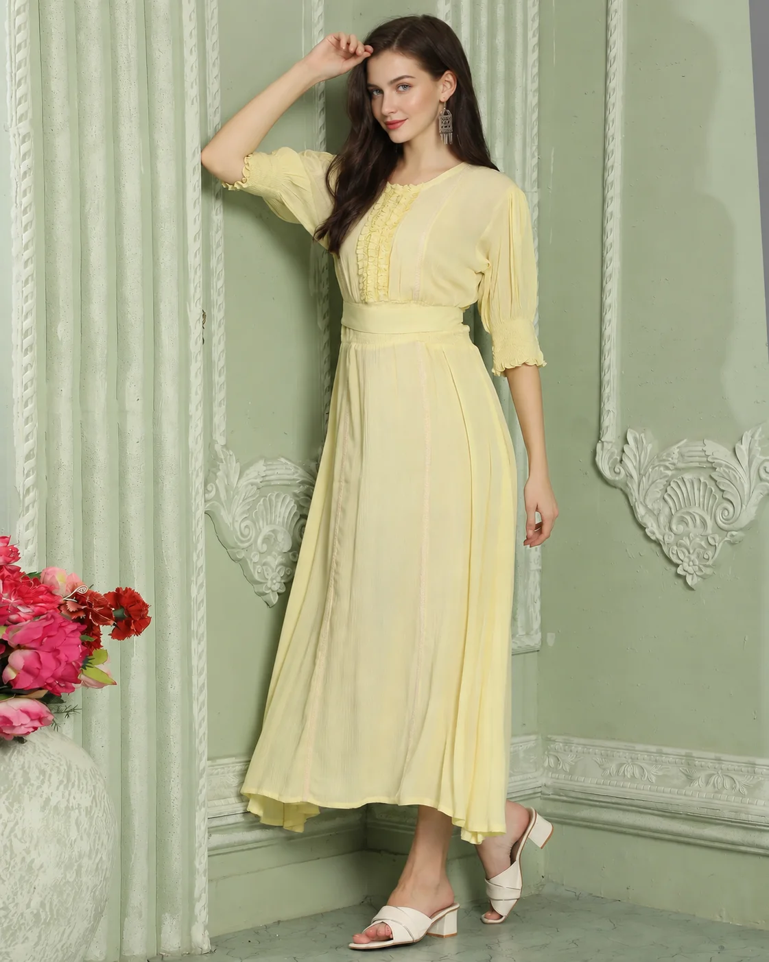 Yellow Smocked A-Line Partywear Dress with Frill Lace - Image 2