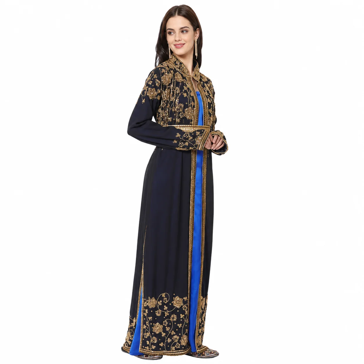 Black and Blue Embroidered Cardigan Gown with Gold Beadwork - Image 4