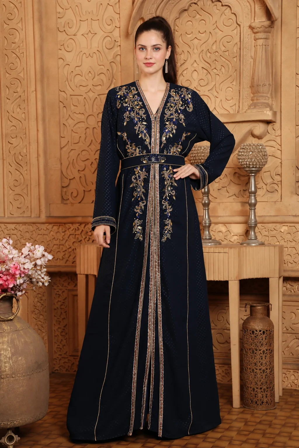 Dark Blue Moroccan Kaftan Gown with Gold Crystal Beading - Image 3