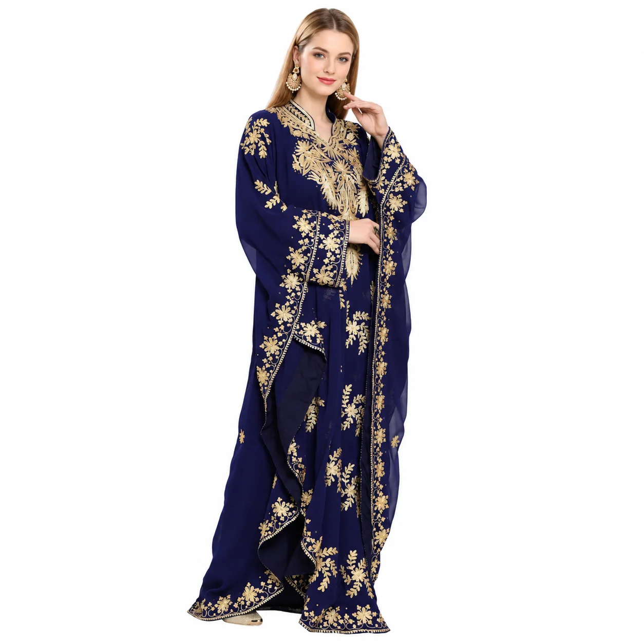 Navy Blue Georgette Evening Gown with Golden Crystal Embroidery - Image 4
