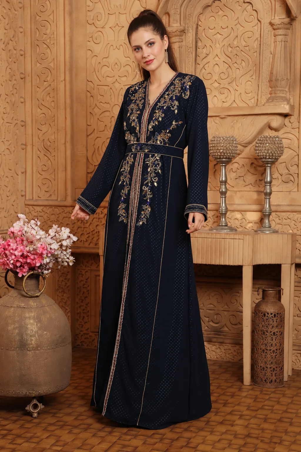 Dark Blue Moroccan Kaftan Gown with Gold Crystal Beading - Image 4