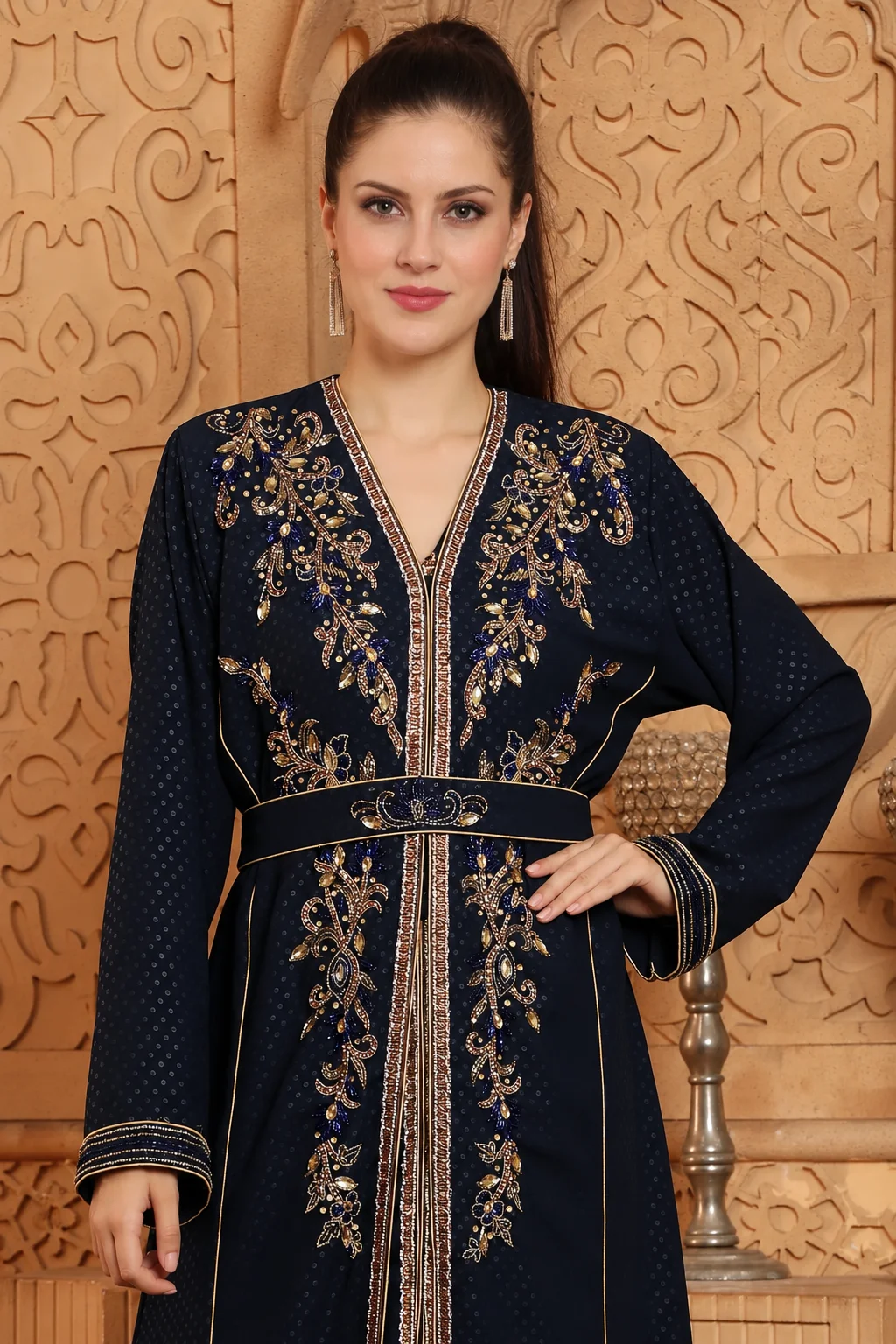 Dark Blue Moroccan Kaftan Gown with Gold Crystal Beading - Image 5
