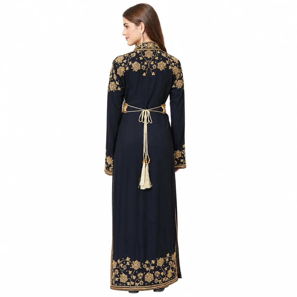 Black and Blue Embroidered Cardigan Gown with Gold Beadwork - Image 5
