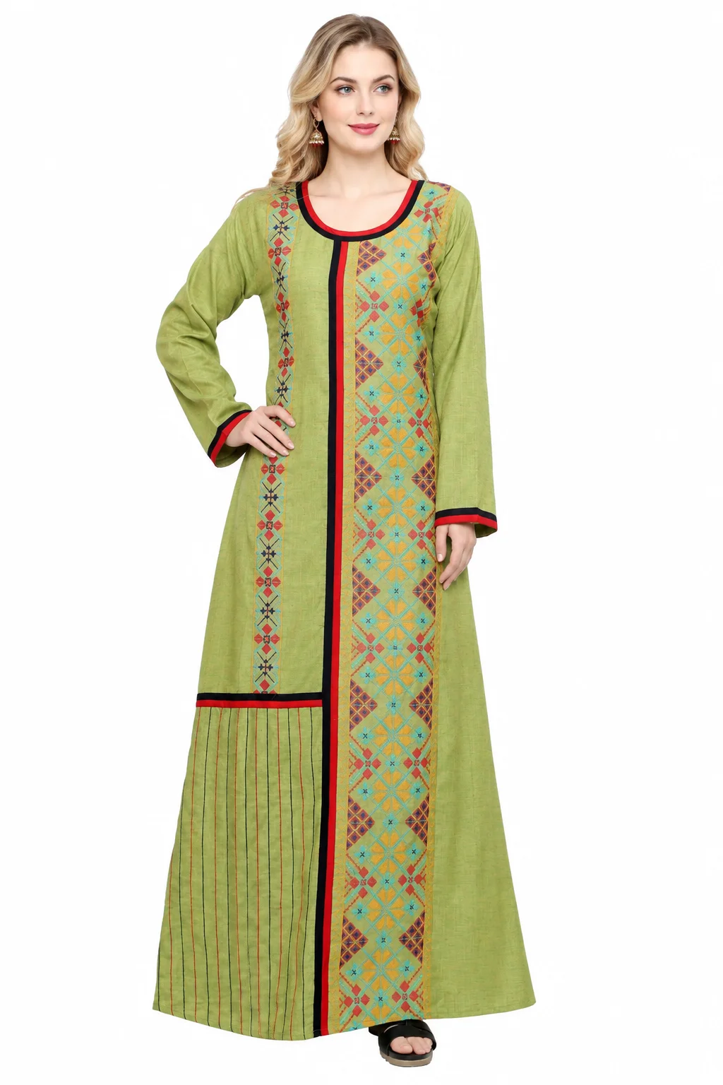 Light Green Cotton Maxi Dress with Cross-Stitch Embroidery - Image 5