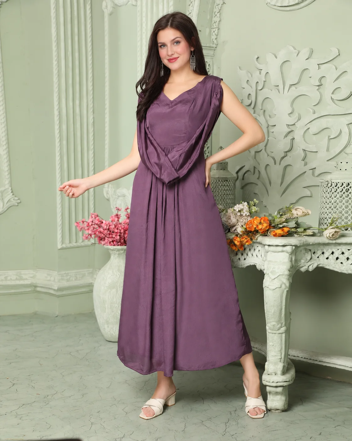 Purple Crepe Silk Party Dress with Attached Waist Belt - Image 5