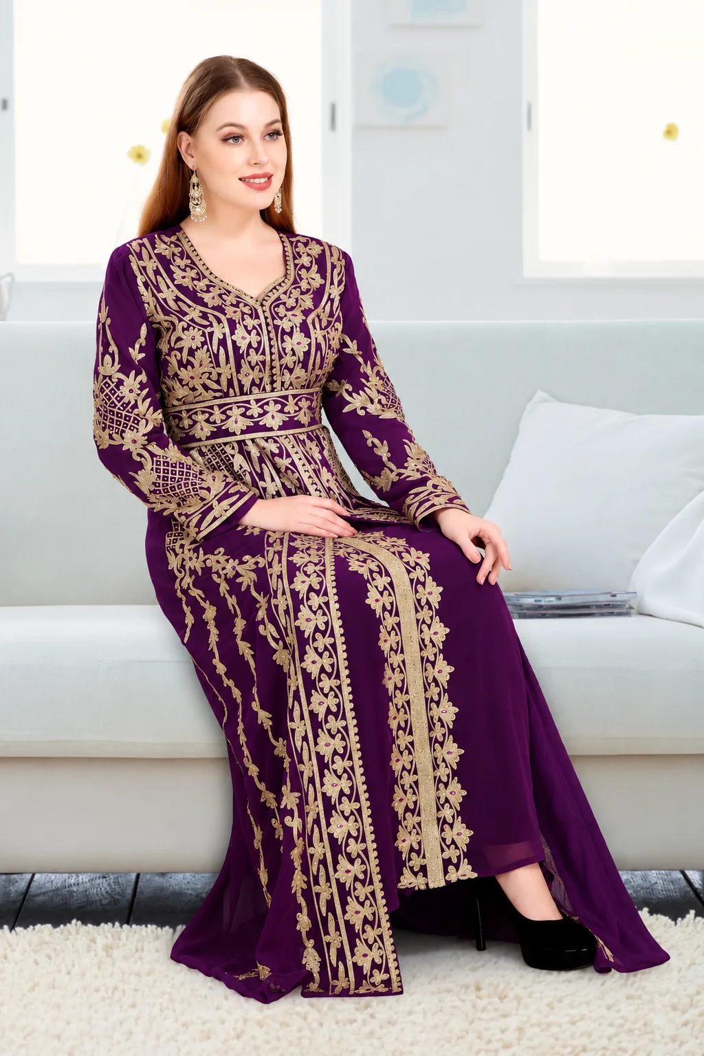 Purple Arabian Designer Caftan Gown with Golden Embroidery - Image 6