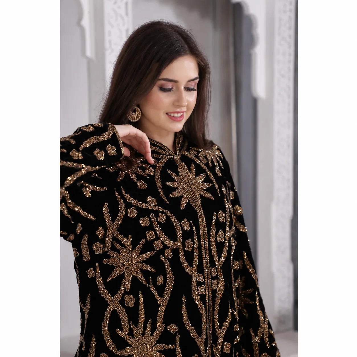 Black Velvet Jacket Top with Golden Cut Dana Embroidery - Image 2