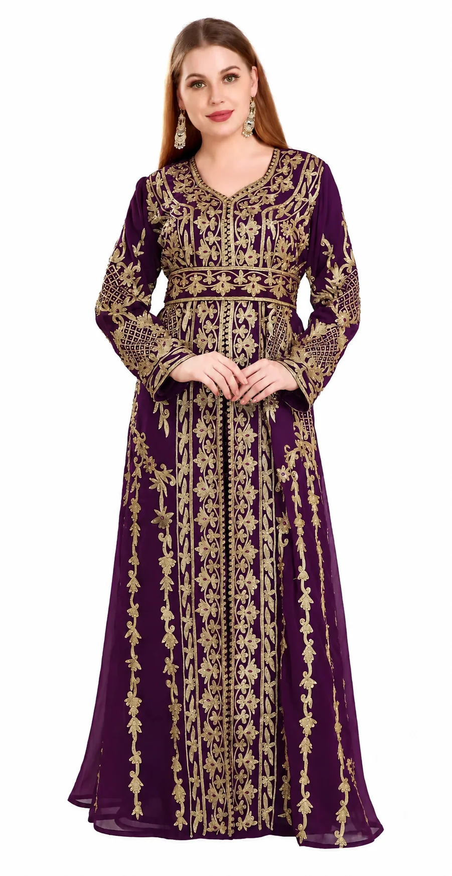 Purple Arabian Designer Caftan Gown with Golden Embroidery - Image 5