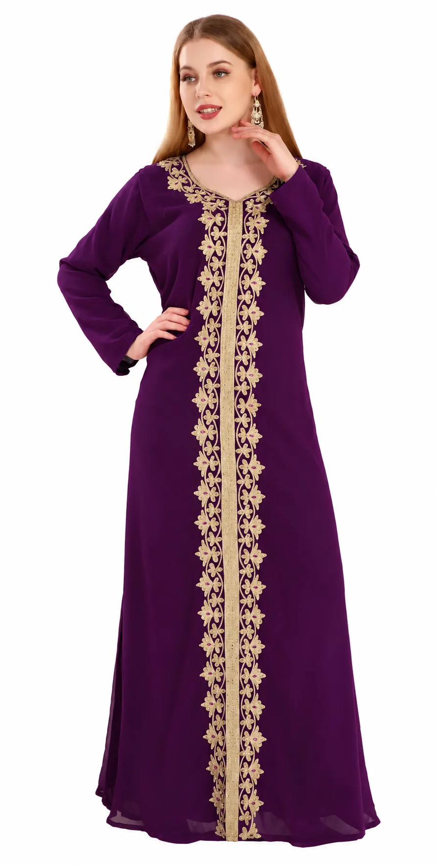 Purple Arabian Designer Caftan Gown with Golden Embroidery - Image 4