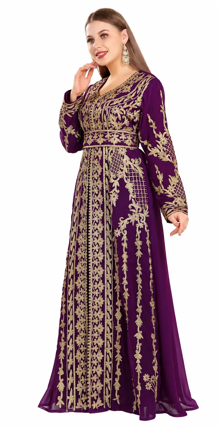 Purple Arabian Designer Caftan Gown with Golden Embroidery - Image 3