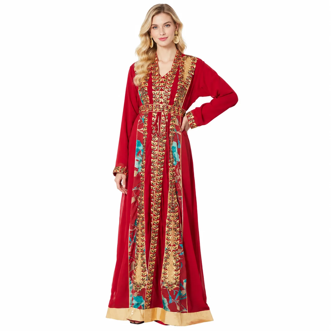 Red Jellabiya Maxi Gown with Traditional Golden Embroidery - Image 5