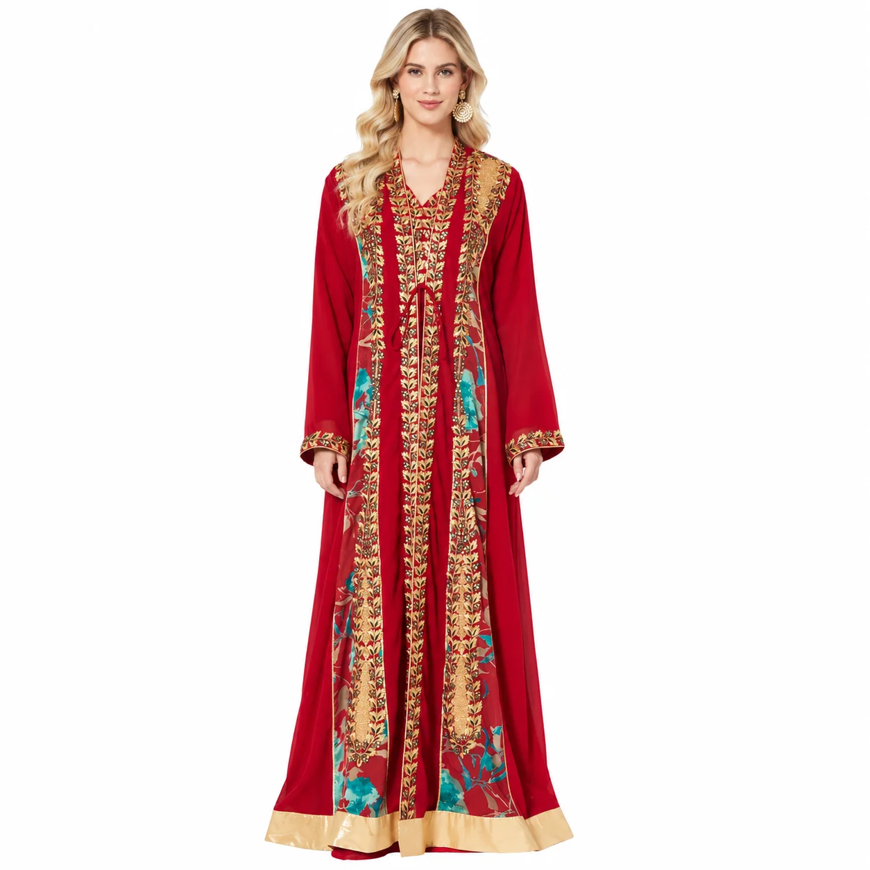Red Jellabiya Maxi Gown with Traditional Golden Embroidery - Image 6