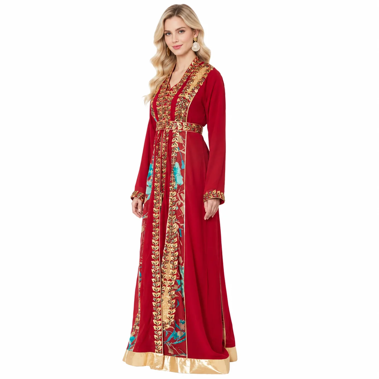 Red Jellabiya Maxi Gown with Traditional Golden Embroidery - Image 4