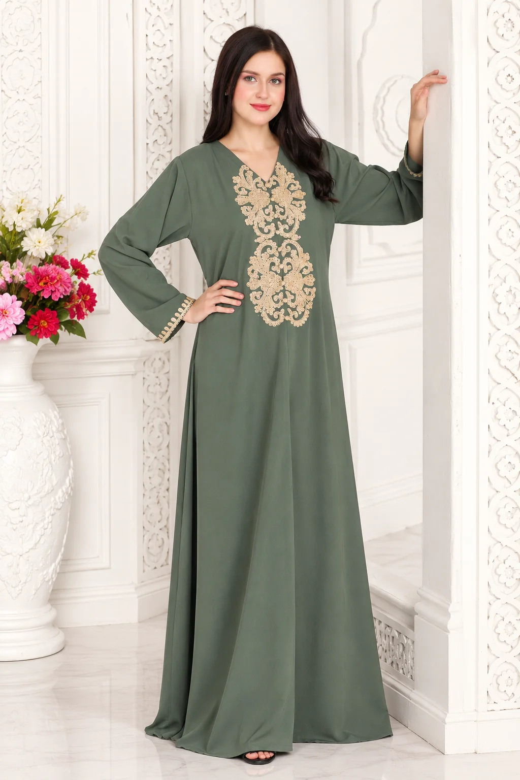Green Arabic Kaftan Dress with Gold Aari Embroidery - Image 4