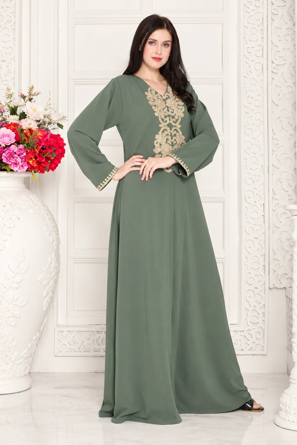 Green Arabic Kaftan Dress with Gold Aari Embroidery - Image 5