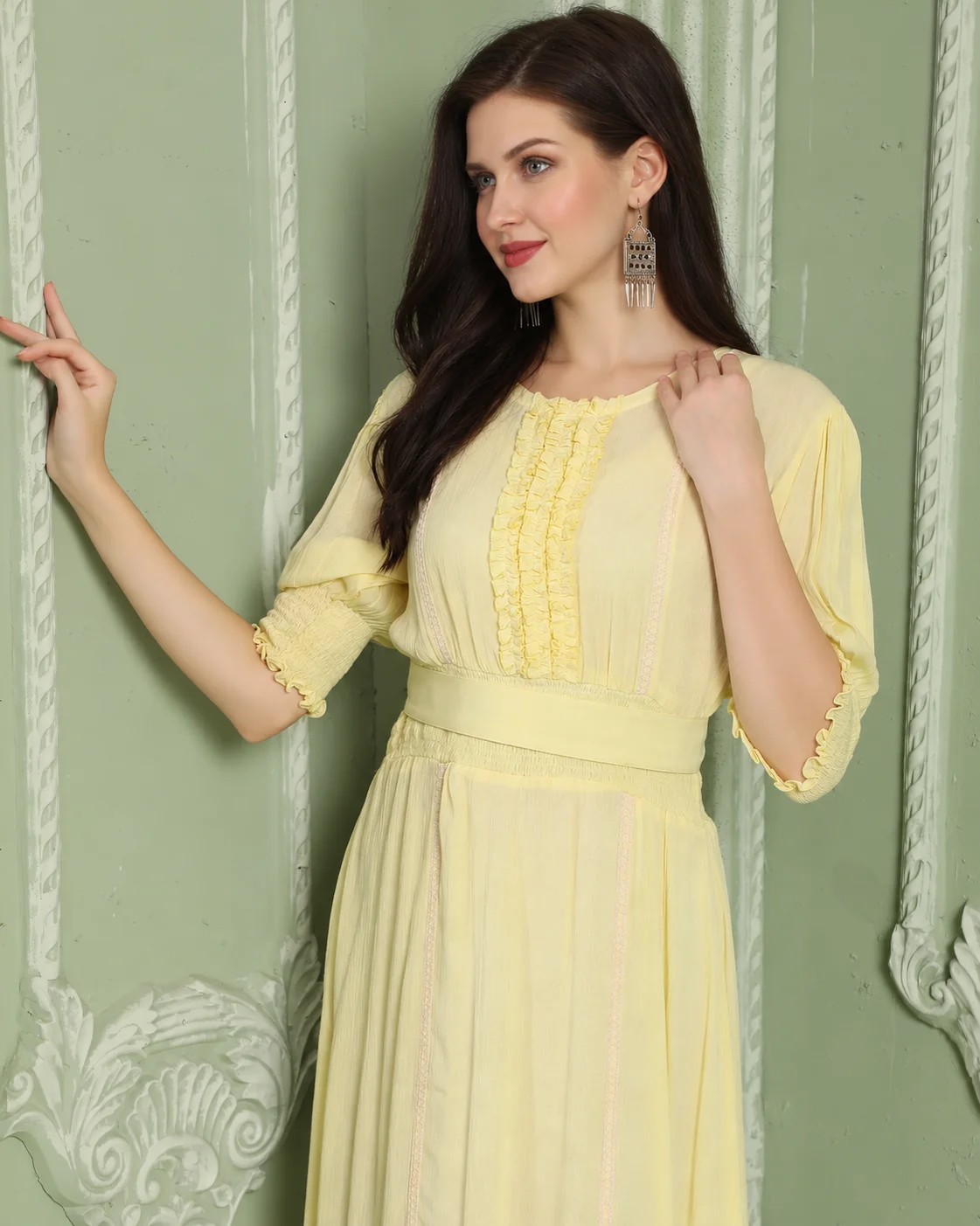 Yellow Smocked A-Line Partywear Dress with Frill Lace - Image 4
