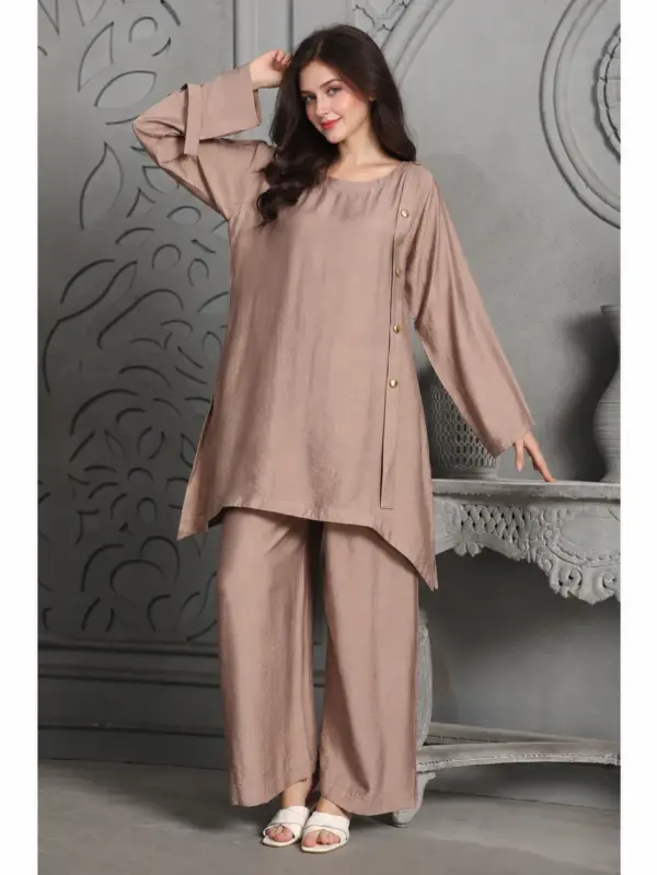Copper brown Arabic style pant top co-ord set by Maxim Creation with an apple-cut top and matching pants.