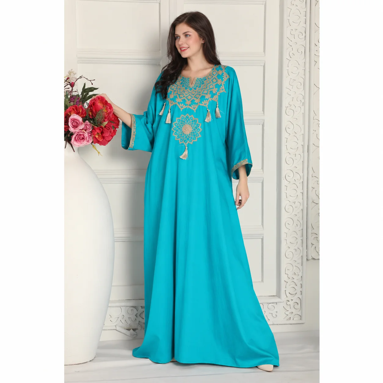 Firozy Blue Arabic Kaftan with Gold Aari Embroidery & Tassels - Image 3
