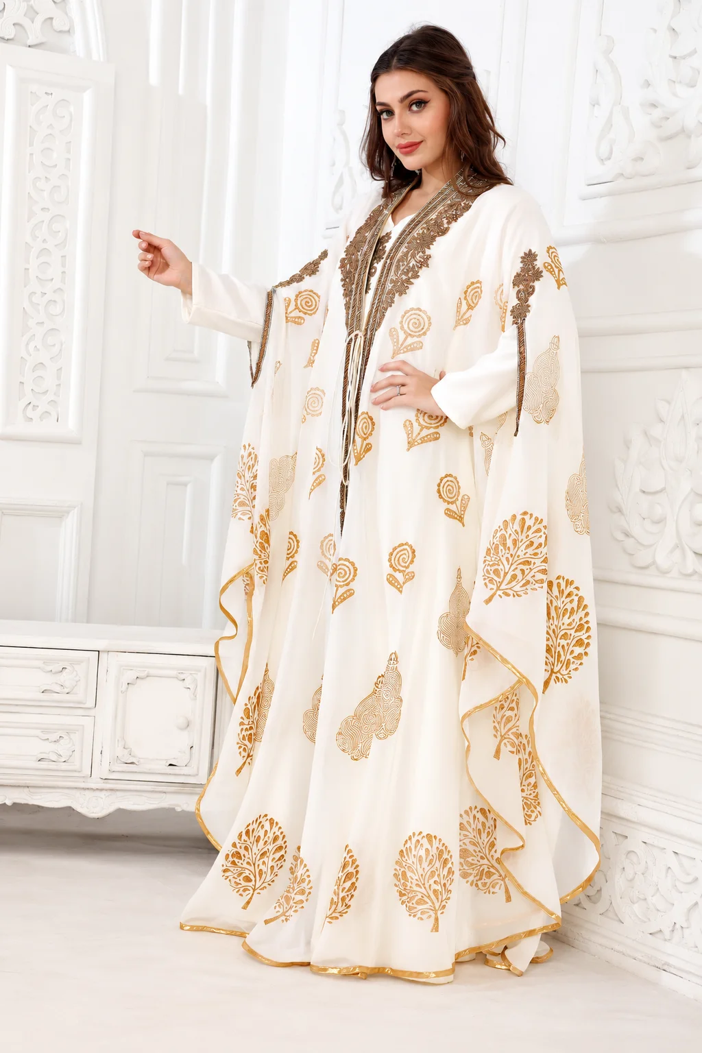 White Flowy Arabic Kaftan Dress with Gold Embroidery - Image 4