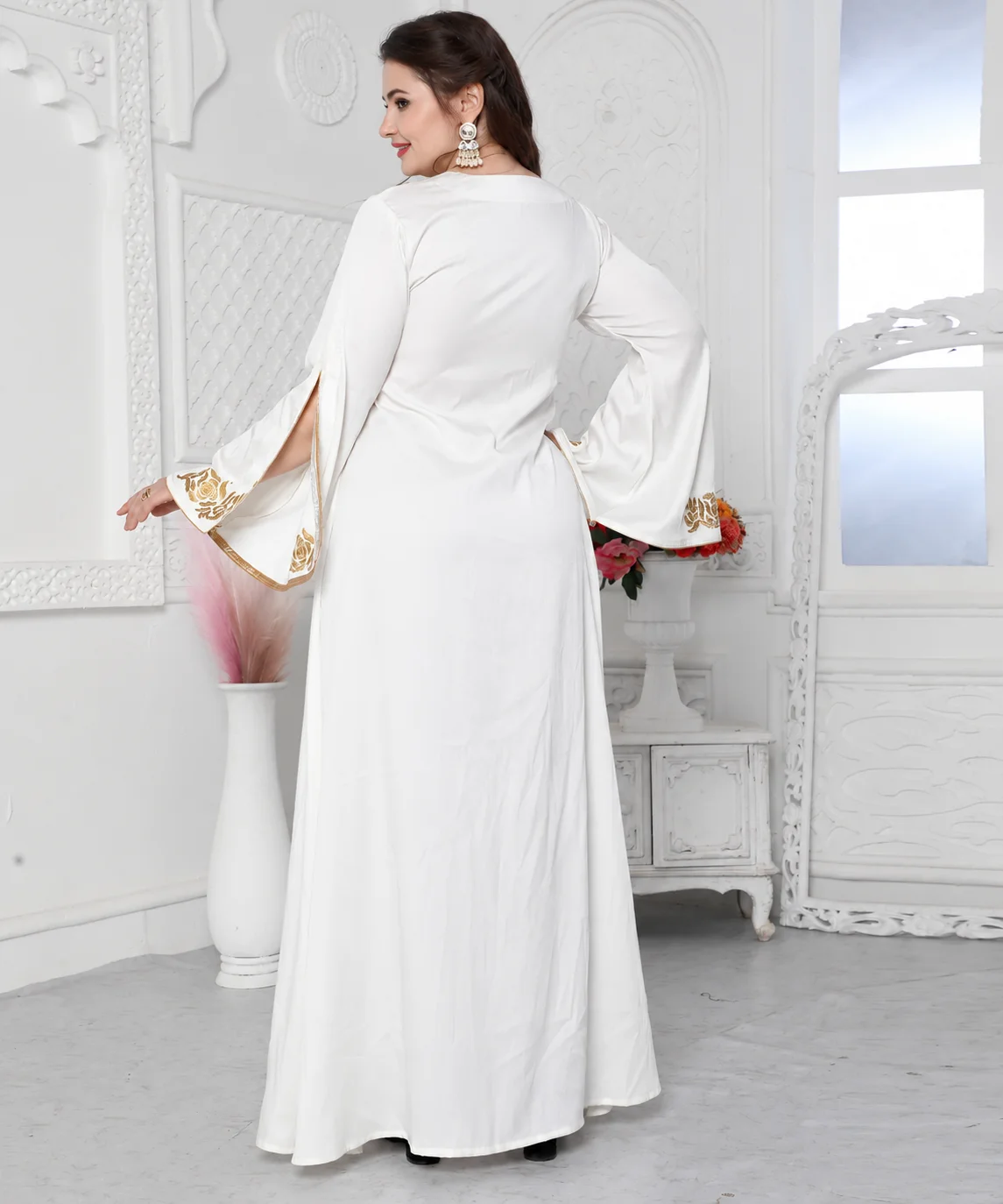 Royal White Kaftan Dress with Gold Threadwork Embroidery - Image 4