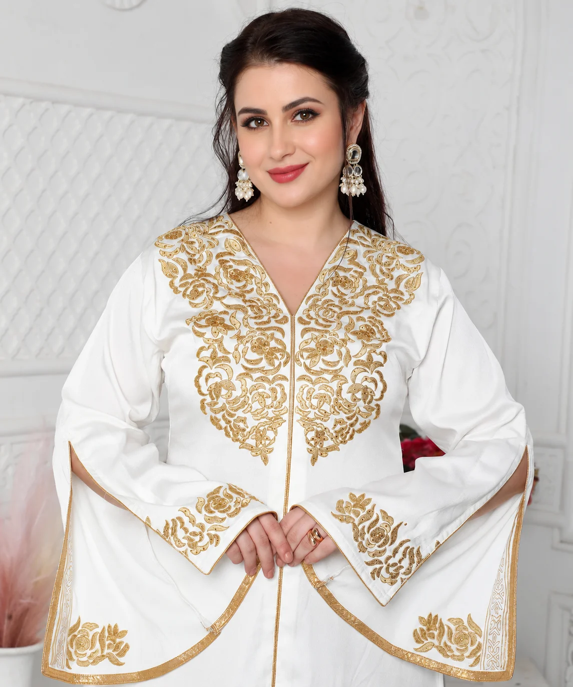 Royal White Kaftan Dress with Gold Threadwork Embroidery - Image 3