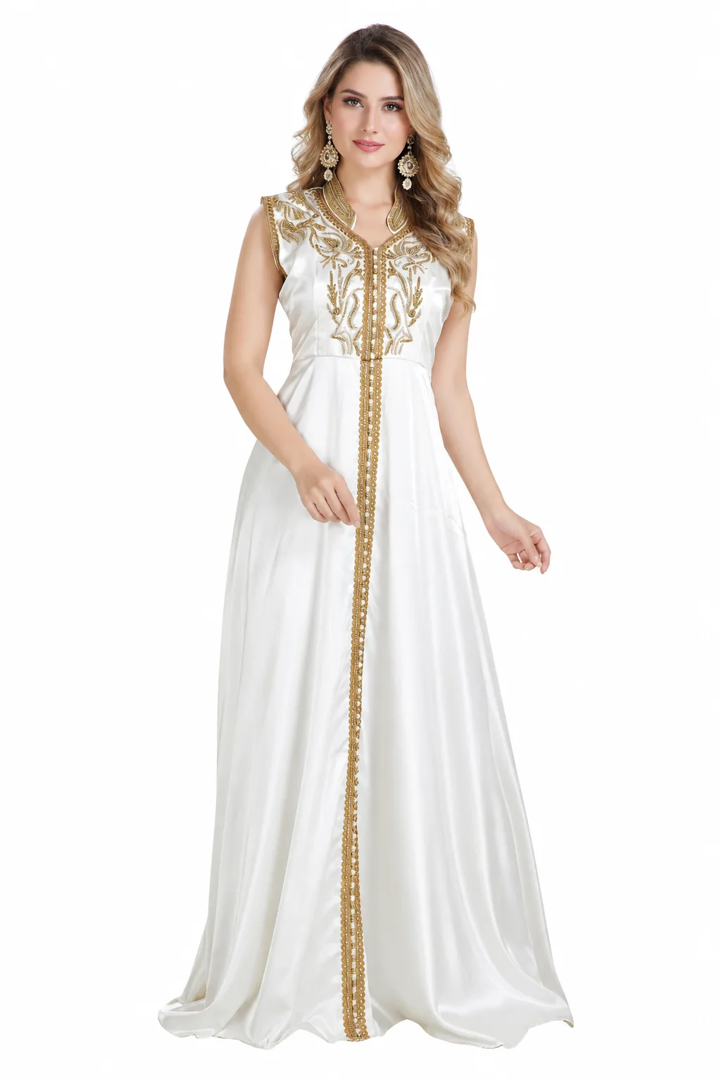 Cream Satin Kaftan Dress with Gold and Silver Beadwork - Image 4