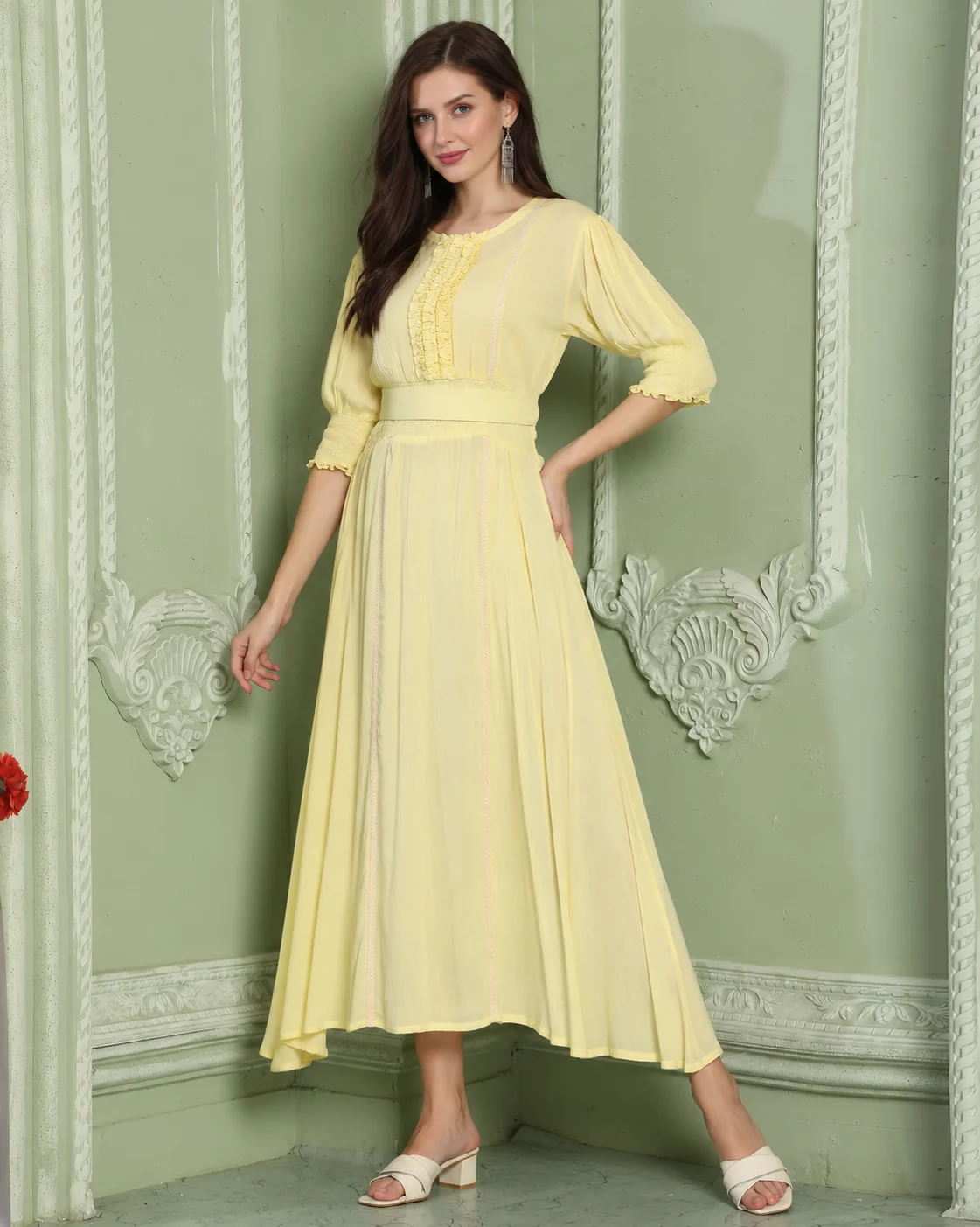 Yellow Smocked A-Line Partywear Dress with Frill Lace - Image 5