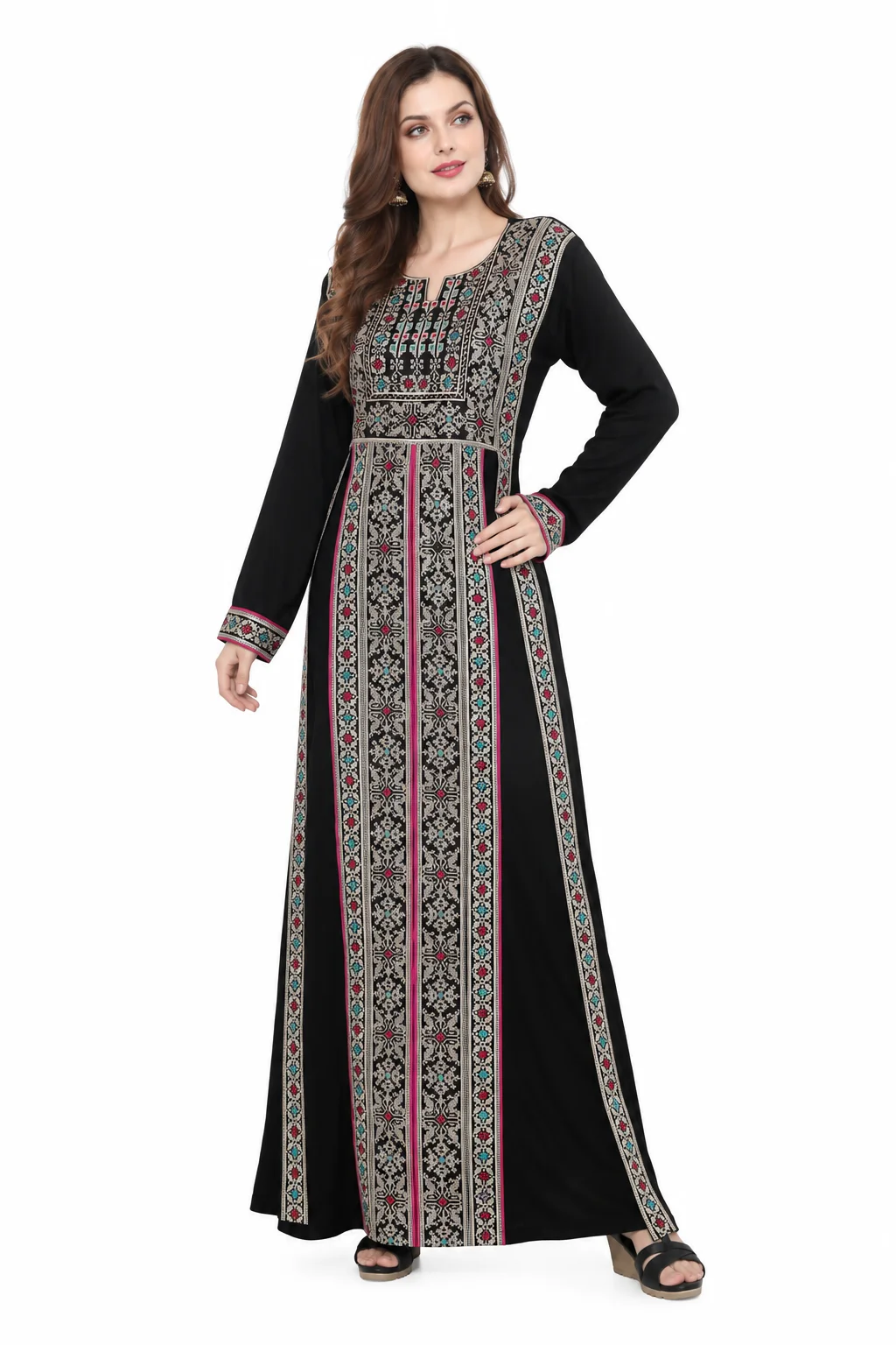 Black Rayon Kaftan Maxi Dress with Cross-Stitch Embroidery - Image 5