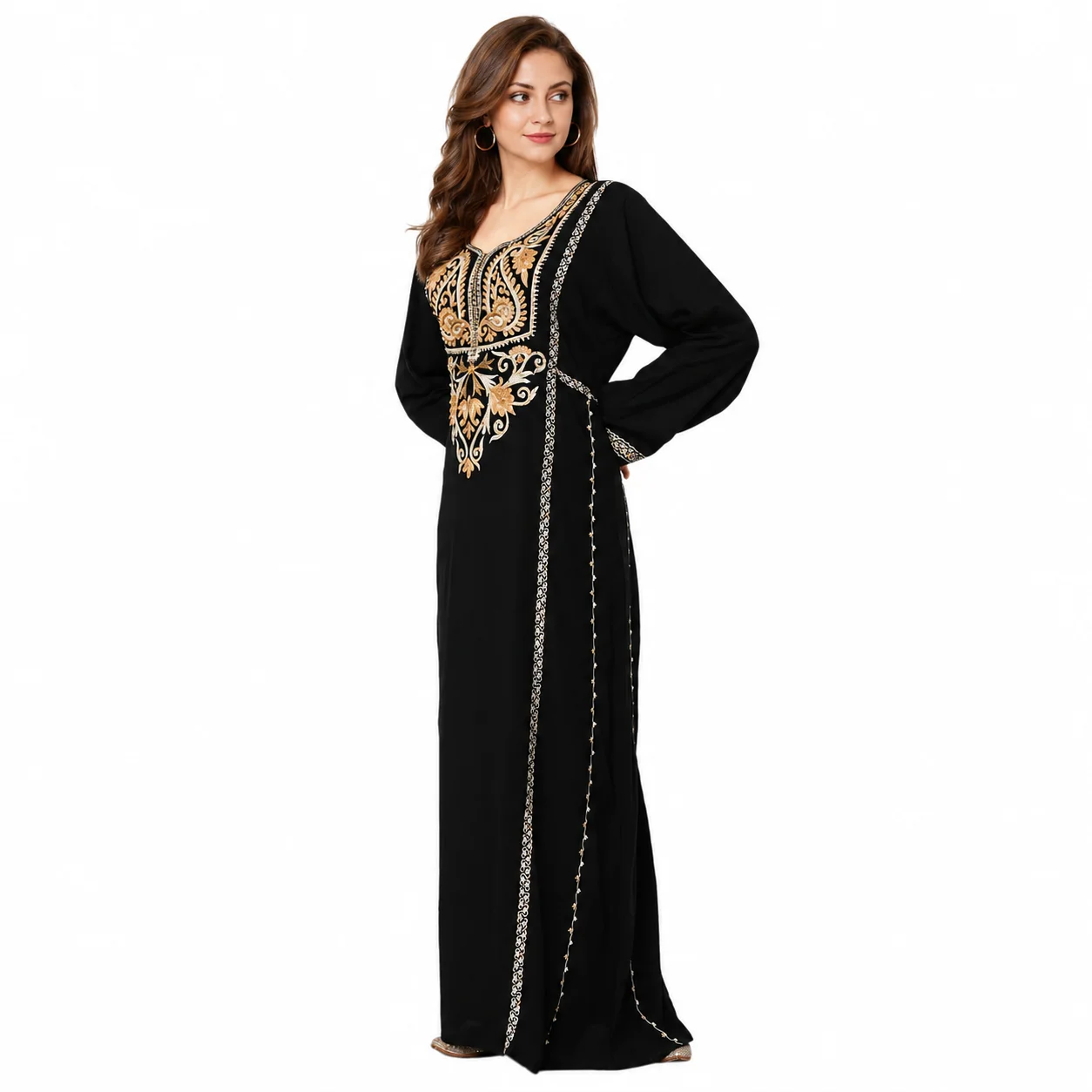 Black Rayon Maxi Dress with Golden Crystal Embroidery