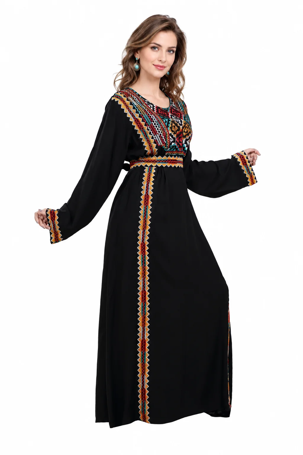 Black Cross-Stitch Embroidered Rayon Kaftan Dress with Belt - Image 4
