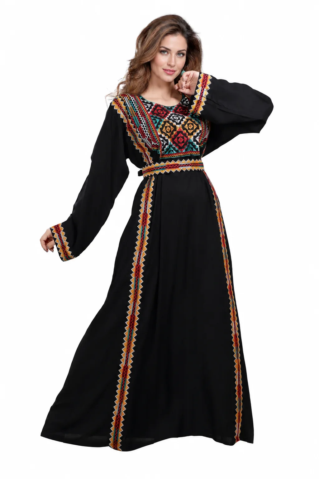 Black Cross-Stitch Embroidered Rayon Kaftan Dress with Belt - Image 5