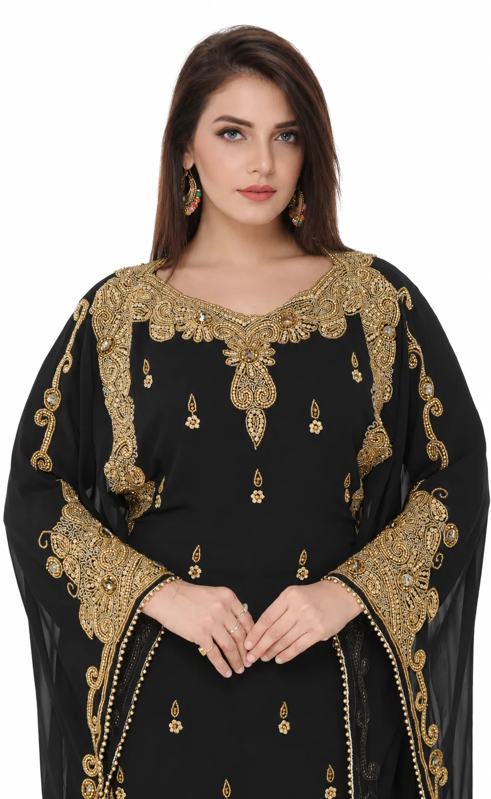 Black Georgette Kaftan with Golden Bead Embroidery - Image 3