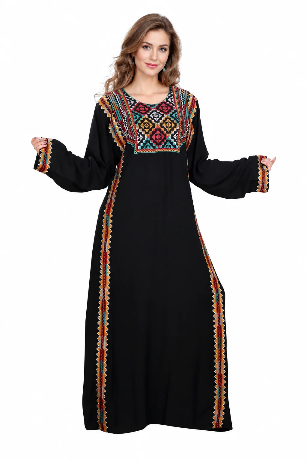 Black Cross-Stitch Embroidered Rayon Kaftan Dress with Belt - Image 6