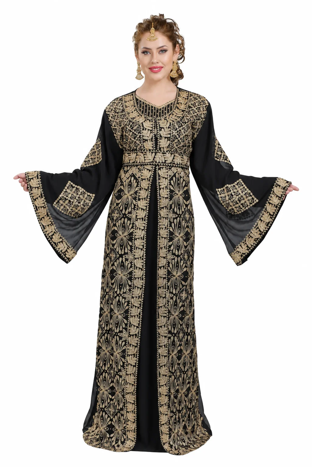 Black Arabian Walima Kaftan Gown with Golden Crystal Embroidery - Image 5