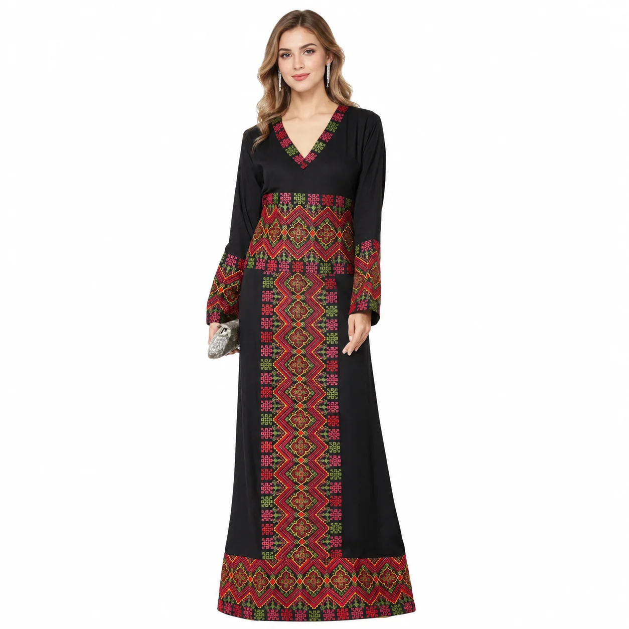 Black Rayon Maxi Dress with Cross-Stitch Embroidery