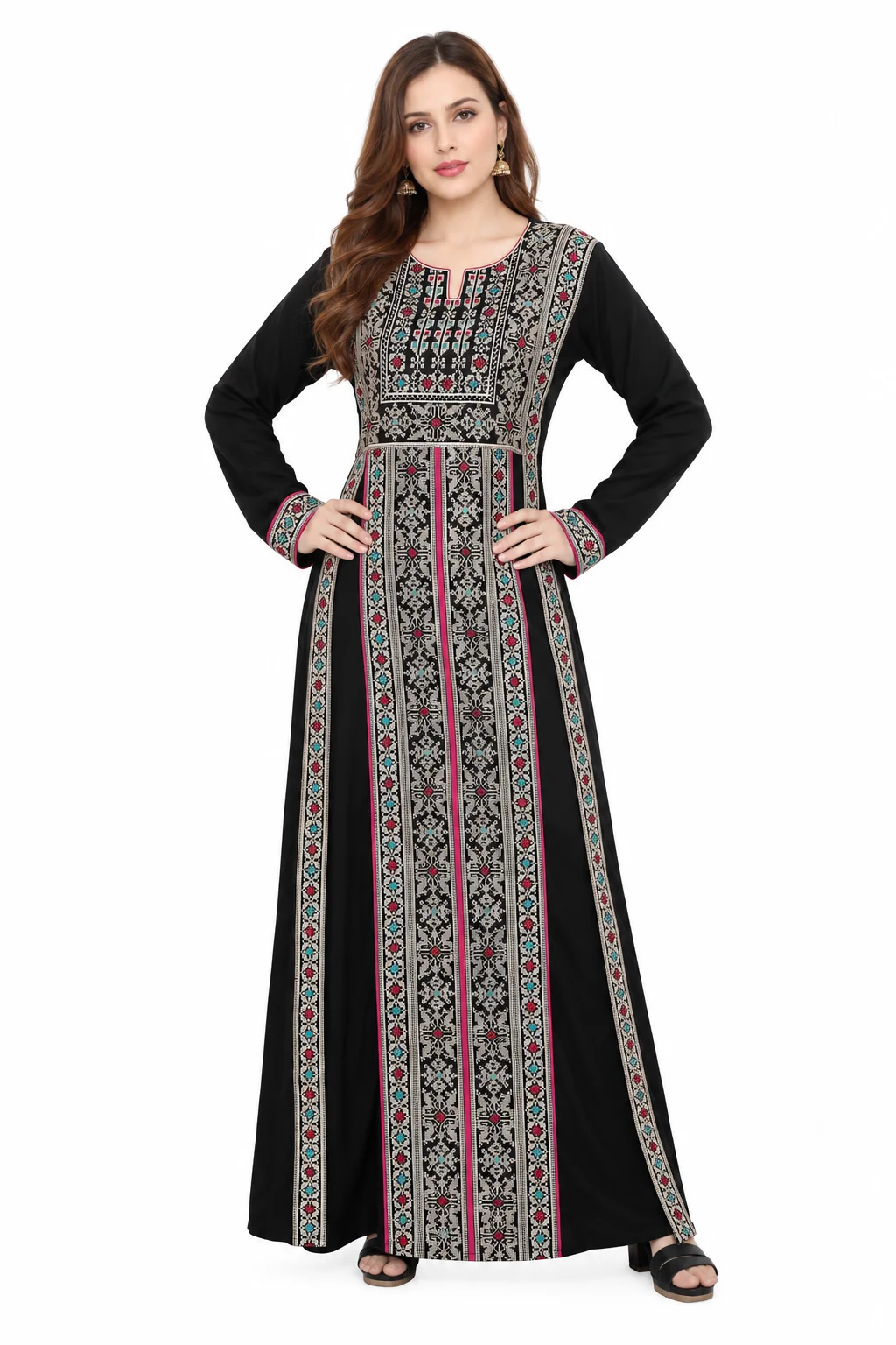 Black Rayon Kaftan Maxi Dress with Cross-Stitch Embroidery